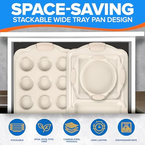 Emporio Kitchen Baking Pan Set - Nonstick Coating, Carbon Steel Bakeware Set with White Silicone Handle, PFOA, PFOS, PTFE Free, Recipe Booklet Included, Oven Safe Tray (Up To 450° F) Set of 25 - White