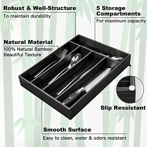 Besilord Bamboo Silverware Holder - Drawer Organizer with 5 Slots (Black)