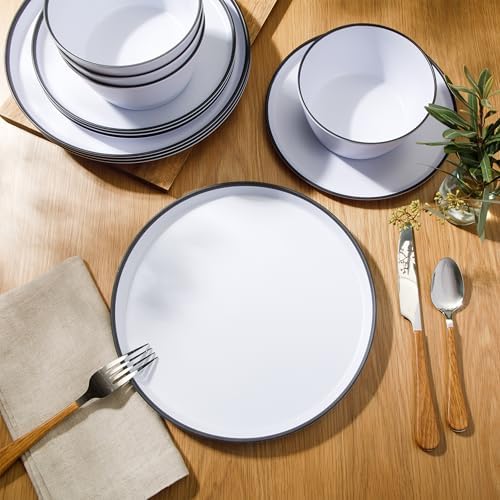 Gibson Home Folsom Shores 12 Piece Unbreakable Modern Melamine Plates and Bowls Dinnerware Set - Outdoor, Camping, & Everyday Use - White W/Black Rim