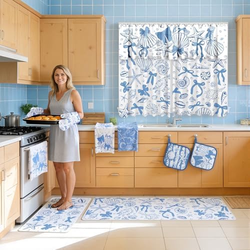 13 Pcs Beach Kitchen Decor Set 3 Seashell Kitchen Curtains Valance 2 Blue Bow Rugs and Mats 4 Coastal Hand Towels 2 Pot Holders 2 Oven Mitts for Summer Home Decor Cooking Grilling Housewarming Gift