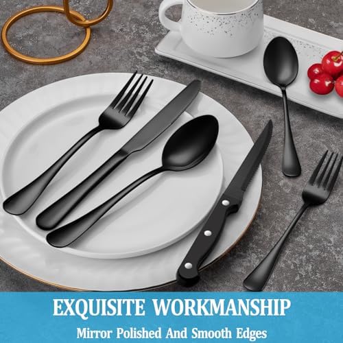 48 Pcs Black Silverware Set with Steak Knives, Stainless Steel Flatware Cutlery Set for 8, Kitchen Tableware Sets, Utensil Sets for Home and Restaurant, Dishwasher Safe