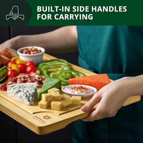 ROYAL CRAFT WOOD Wooden Cutting Boards for Kitchen Meal Prep & Serving - Bamboo Wood Serving Board Set with Deep Juice Groove Side Handles - Charcuterie & Chopping Butcher Block for Meat