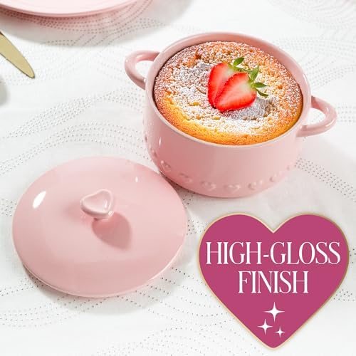 Paris Hilton Iconic Ceramic Stoneware Casserole Dish With Lid, Oven Safe Up To 450°F, Dishwasher & Microwave Safe, 28oz, Pink with Embossed Heart Design