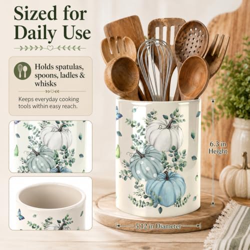 Fall Blue Kitchen Utensil Holder, Pumpkin Large Ceramic Utensil Holder For Kitchen Organizer, Autumn Farm 6.3'' Cooking Utensil Crocks Rustic Decor Utensil Storage Cup for Countertop