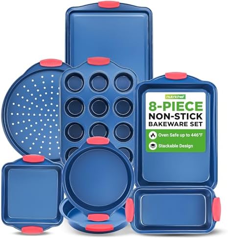 NutriChef 8-Piece Bakeware Set - Nonstick Carbon Steel Baking Pans with Red Silicone Handles, Blue Coating, Durable & Stain-Resistant, Perfect for Baking Cakes, Muffins, Cookies (Blue)