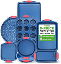 NutriChef 8-Piece Bakeware Set - Nonstick Carbon Steel Baking Pans with Red Silicone Handles, Blue Coating, Durable & Stain-Resistant, Perfect for Baking Cakes, Muffins, Cookies (Blue)