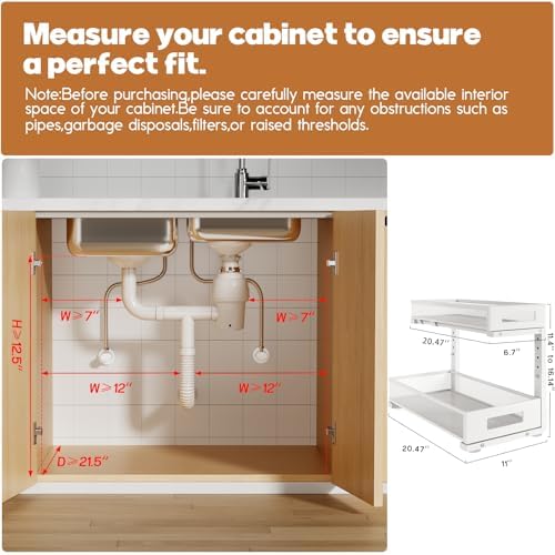 2 Pack 20.47IN Depth Under Sink Storage Organizer, Large 2-Tier Elegant Mesh Pull Out Shelf for Kitchen and Bathroom Cabinet Organization, L-Shaped and Adjustable Height Design-White