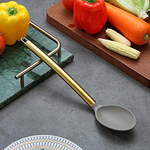 Berglander Non-stick Silicone Solid Serving Spoon, Titanium Gold Plating handle, Basting Spoon, Dishwasher Safe, Easy to Clean