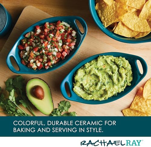 Rachael Ray Solid Glaze Ceramics Au Gratin Bakeware / Baker Set, Oval - 2 Piece, Teal