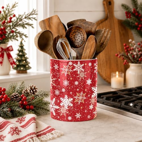 Christmas Snowflake Red Kitchen Utensil Holder, Xmas Winter Large Ceramic Utensil Holder For Countertop Organizer, 6.3'' Cooking Utensil Crocks Festivel Decor Utensil Storage Cup for Kitchen