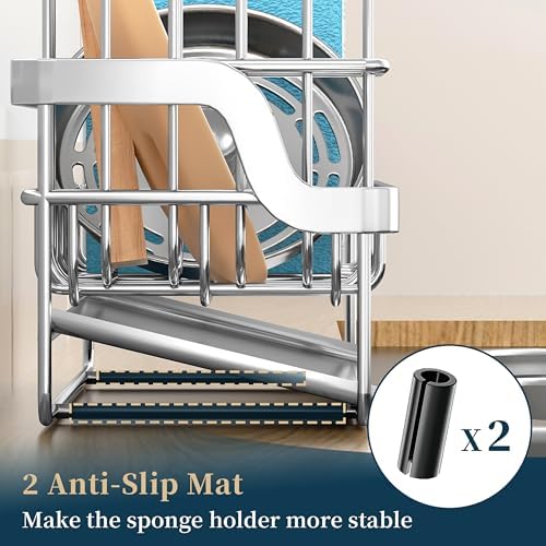 Consumest Sponge Holder for Kitchen Sink - Sink Caddy with Stainless Steel Self Drain Tray, Sink Organizer with High Brush Holder Countertop for Kitchen Sink Accessories, Silver