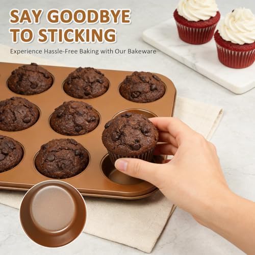 KOOMADE 10PCS Nonstick Baking Pans Set - Bakeware Sets for Cooking, Oven and Dishwasher Safe, Non Toxic, Includes Cookie Sheets for Baking, Muffin Pan, Bread Pan, Cake pan, Loaf Pan, Roasting Pan Gold