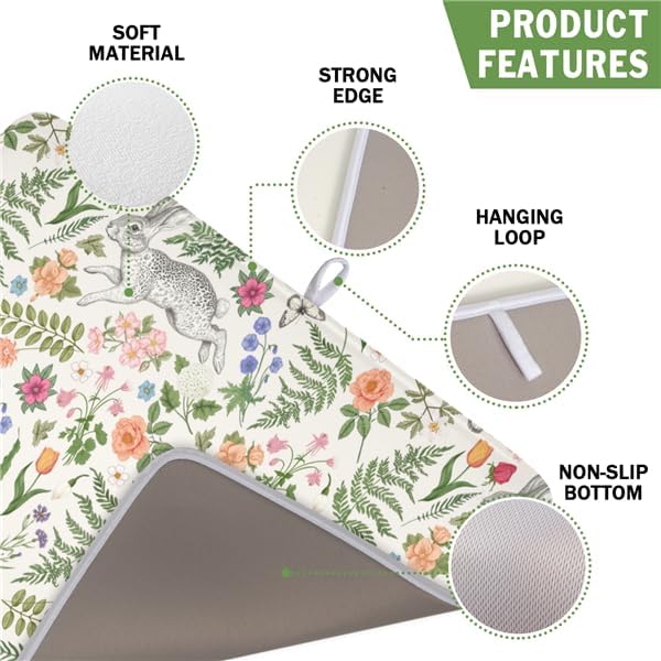 Easter Bunny Dish Drying Mat for Kitchen Counter, Colorful Flowers Sage Green - Image 2