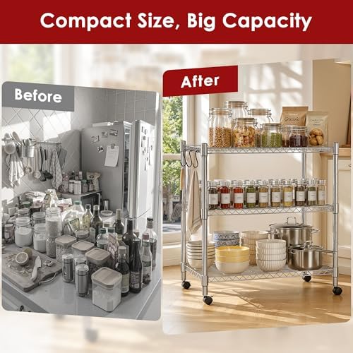 Heavy Duty 3-Shelf Shelving Unit, 24.02" W x 13.78" D x 21.97" H Chrome Steel Storage Rack with Wheels, 2 PP Shelf Liners and Hooks, Adjustable Under Desk Organizer for Kitchen, Office, Garage