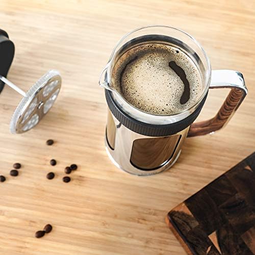 brim 8 Cup French Press, Quickly Brew Coffee in Under 5 Minutes, Classic Design with Modern Twist, Dishwasher Safe Carafe for Easy Cleaning, Replacement Filter Included, Stainless Steel/Wood