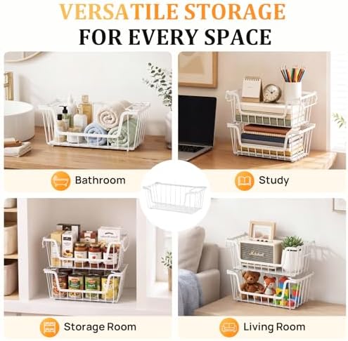 SUNALLY Stackable Storage Bins 4 Pcs Wire Baskets Freezer Organizer, White
