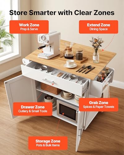 VEVOR Kitchen Island Cart with Storage, 42.28 in Wide Mobile Rolling Storage Island on Swivel Wheels, with Drawer, Storage Cabinet, Drop Leaf, Spice Rack, Table for Home Dining Room, White