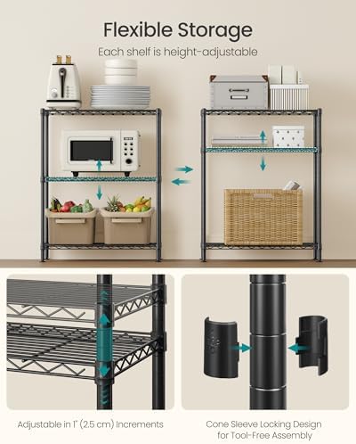 SONGMICS 3-Tier Storage Shelves, Adjustable Wire Shelving Unit, 8 Hooks