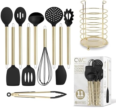 COOK WITH COLOR Silicone Cooking Utensils, Kitchen Utensil Set, Easy to Clean Silicone Kitchen Utensils, Cooking Utensils for Nonstick Cookware, Kitchen Gadgets Set with Holder, 11 Pieces