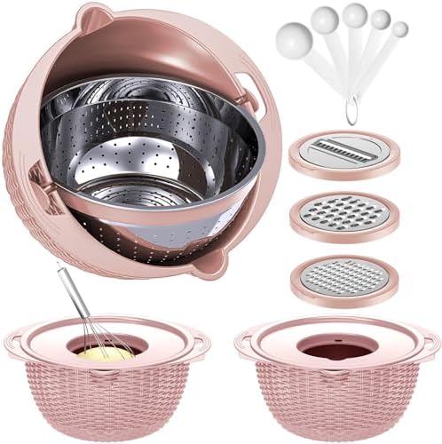 4-1 Colander with Bowl & Spoons Set - Food Strainer with New Upgraded Graters & Spoons - Colanders for kitchen(Patented) - Strainer for Fruit Pasta Veggie, Funny Presents for Women, Pink