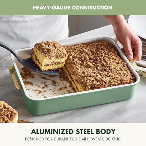 GreenPan Bakeware 13” x 9” Rectangular Cake Pan, Ceramic Nonstick Baking Pan, PFAS & BPA Free, Gold Handles, Durable Steel, Freezer to Oven Dish, Scratch Resistant, Bake & Roast Ovenware, Sage Green