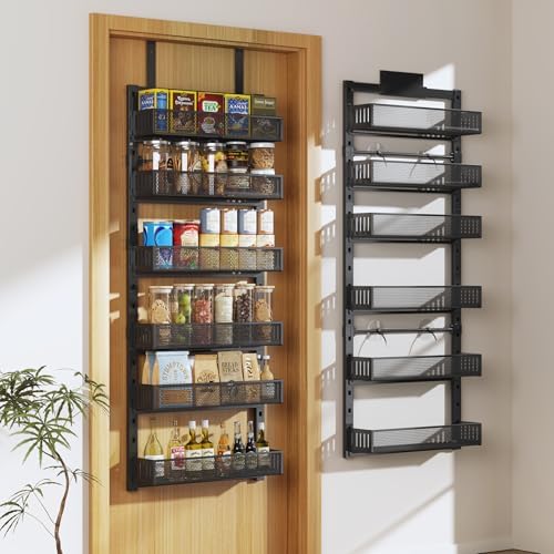 Pantry Door Organizers and Storage, 6-Tier Large Metal Heavy-Duty Frame Over the Door Spice Rack, 2 in 1 Wall-Mounted or Hanging shelf for Kitchen, Bathroom, Laundry Room, Bedroom, Closet &Nursery