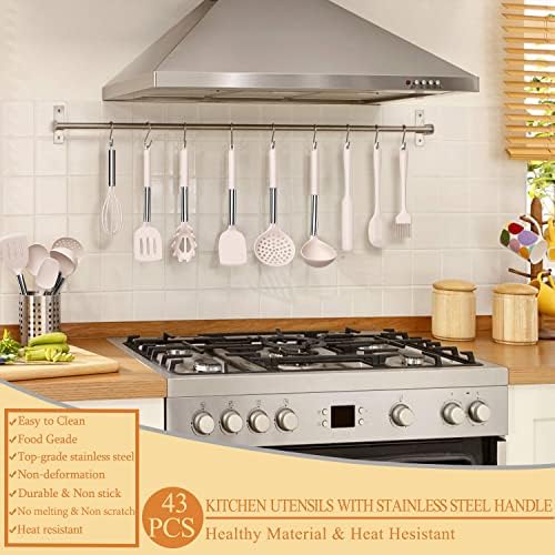 Silicone Cooking Utensil Set, Umite Chef 43 PCS Heat Resistant Kitchen Utensil Gadgets Set-Stainless Steel Handle- Kitchen Spatula Tools for Nonstick Cookware, Pots and Pans Accessories (Khaki)