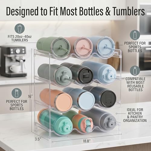 Stackable Water Bottle Organizer 4 Tier Holds 16 Bottles, Storage Rack for Stanley 40oz Cups & Tumblers, Water Bottle Organizer Cabinet Holder for Kitchen, Pantry, Fridge, Shaker Bottle Storage Rack