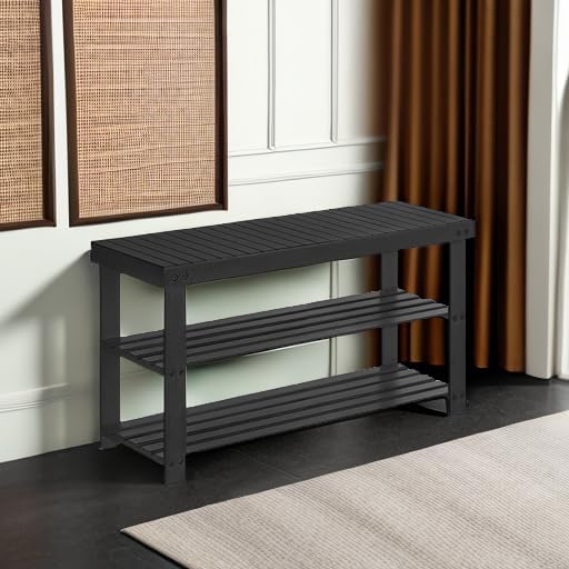 SONGMICS Shoe Rack Bench, 3-Tier Bamboo Entryway Bench, 35.2 Inches Width