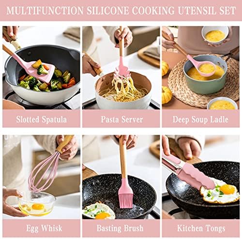 Umite Chef Silicone Kitchen Utensils Set, 33 Piece Non-Stick Kitchen Utensils with Stand, Wooden Handle, Pink