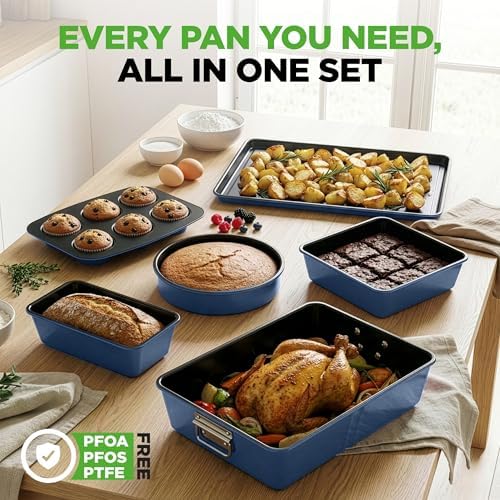 NutriChef 8-Piece Nonstick Bakeware Set - Baking Tray Set w/Non-Stick Coating, 450°F Oven Safe, Round Cake, Loaf, Muffin, Wide/Square Pans, Cookie Sheet (Blue)