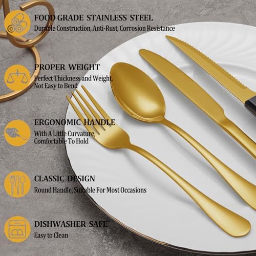 24 Pcs Gold Silverware Set with Steak Knives, Stainless Steel Flatware Cutlery Set for 4, Kitchen Tableware Sets, Utensil Sets for Home and Restaurant, Dishwasher Safe