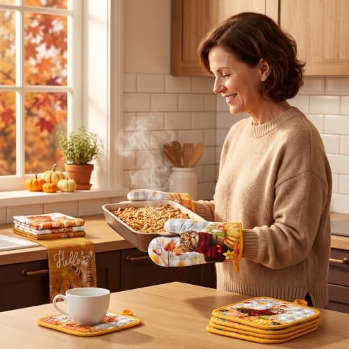 Silifine 12 Pcs Fall Pumpkin Cat Pot Holders Oven Mitts Kitchen Towels Set