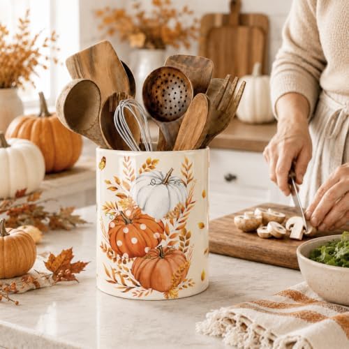 Fall Pumpkin Utensil Holder, Orange Autumn Decor Large Ceramic Utensil Holder For Kitchen Organizer, Farm 6.3'' Cooking Utensil Crocks Rustic Decor Utensil Storage Cup for Countertop