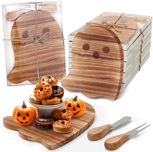 JarThenaAMCS 4 Pack Halloween Cheese Board Cute Ghost Boo Small Cutting Serving Tray Platter with Knife Set for Charcuterie Trick or Treat Party Home Decoration