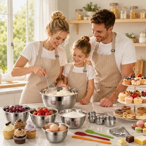 WEPSEN Mixing Bowls with Lid Set, 25PCS Kitchen Utensils Metal Bowl Stainless Steel Nesting Bowls, Measuring Cups and Spoons, Egg Whisk for Baking Prepping Cooking Serving Supplies