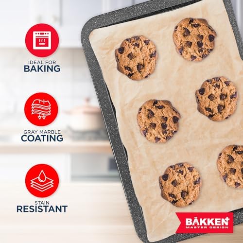 BAKKEN Kitchen Baking Pans - Nonstick Gray Coating, 13.18’’ × 8.66’’ Commercial Grade Carbon Steel Cookie Sheet, Baking Kitchen Essentials, PFOA, PFOS, PTFE Free, Oven Safe Tray (450° F), Gray Marble