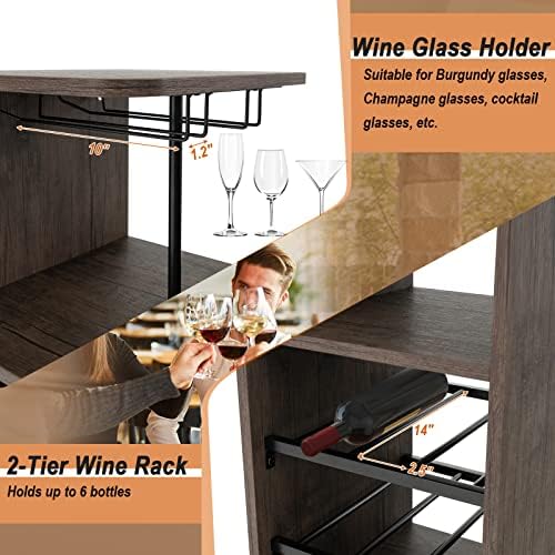 COSTWAY 3 Pieces Bar Table and Chair Set, Industrial Pub Table & Stools with Wine Glass Holders & 6-Bottle Wine Racks, Counter Height Dining Table Set for Living Room Dining Room Kitchen, Brown