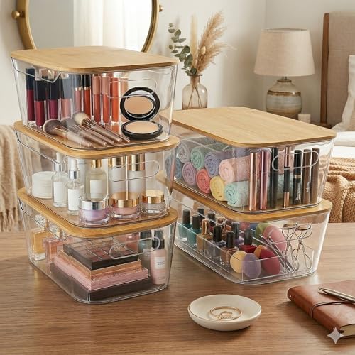 CiWiVOKi 6 Pack Clear Stackable Storage Bins with Bamboo Lids, 3.7L BPA-Free Plastic Organizer Containers with Handles, for Pantry, Kitchen, Fridge, Bathroom, Cabinet & Closet Organization