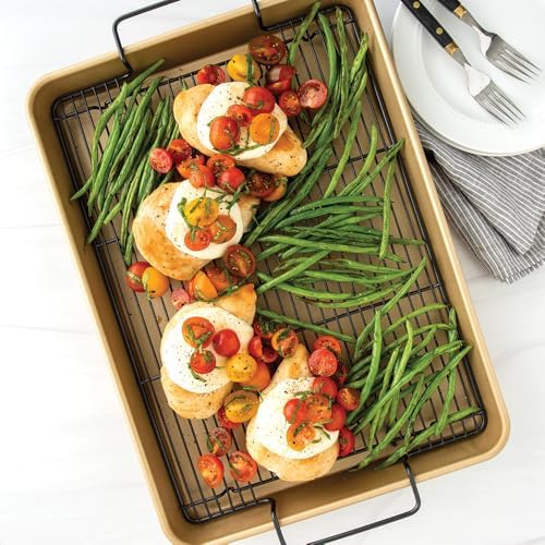 Nordic Ware High-Sided Half Sheet Oven Crisping Baking Tray with Rack, Natural Nonstick Aluminum For Air Frying, Crisping, Broiling, Baking; Cooking Surface 17.9 x 12.9 x 2 inches
