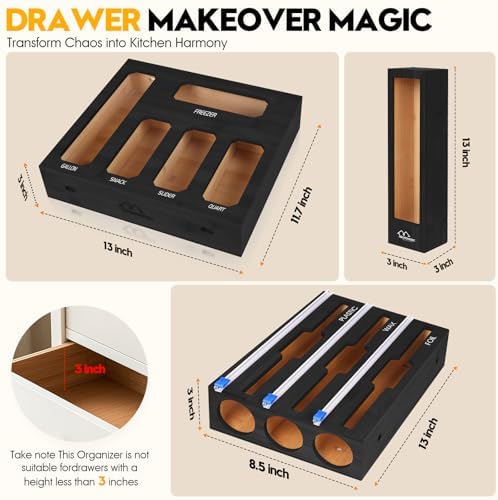 9 in 1 Foil and Plastic Wrap Dispenser with Cutter, Black Bamboo Ziplock Bag Organizer for Drawer - Holds Gallon, Quart Bags & Aluminum Foil/Wax Paper, Wall Mountable Kitchen Storage