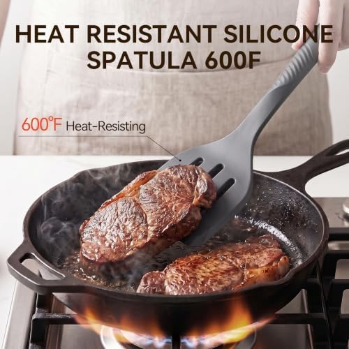 Silicone Cooking Utensils Set - 600°F Heat Resistant, Nonstick Kitchen Utensil Set with Spatulas, Spoons, Whisk, Tongs, BPA Free, Dishwasher Safe (Gray)