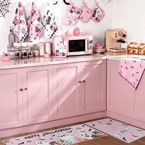 Fanfanwin 10 Pcs Halloween Kitchen Decor Pink Ghost Kitchen Rugs Set