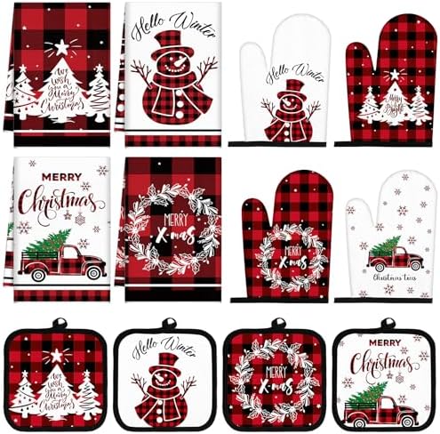 Pickmesh 12 Pcs Christmas Kitchen Towels and Oven Mitt Sets 4 Buffalo Oven Mitts 4 Snowman Dish Towels and 4 Plaid Pot Holders Xmas Tree Cooking Accessories for Winter Holiday Decoration Home Baking
