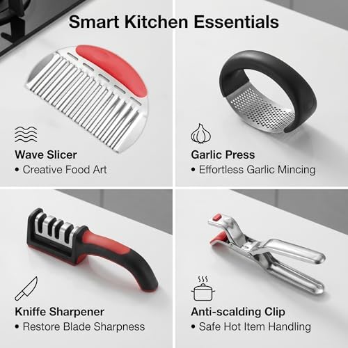13-Piece Kitchen Gadget Set (Includes Storage Basket) — Features Kitchen Shears, Garlic Press, Knife Sharpener, Julienne Peeler, Standard Peeler, Anti-Scald Tongs (13 PCS-B)