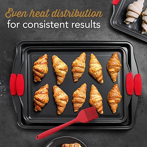Eatex Nonstick Baking Sheet Set, 2-Piece Baking Pans Set with Silicone Handles, Carbon Steel Cookie Sheets for Baking Commercial Grade Quality Oven Tray, Large Half Sheet Pans for Baking