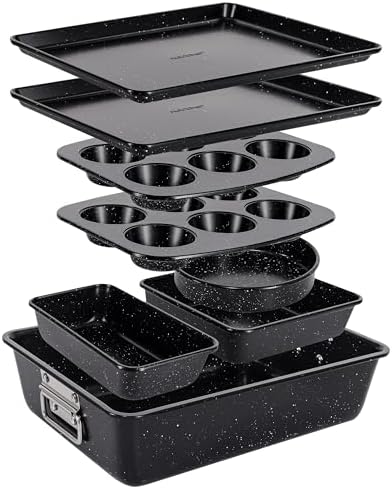 NutriChef 8-Piece Stackable Bakeware Set - Carbon Steel Non-Stick Baking Pan Set, Sheet, Muffin, Round, Loaf, Square Cake & Deep Pans, 450°F Heat Resistant, Standard & Convection Ovens (Black Marble)