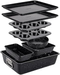 NutriChef 8-Piece Stackable Bakeware Set - Carbon Steel Non-Stick Baking Pan Set, Sheet, Muffin, Round, Loaf, Square Cake & Deep Pans, 450°F Heat Resistant, Standard & Convection Ovens (Black Marble)