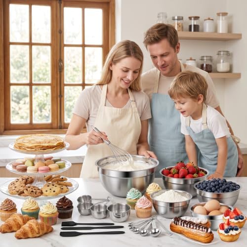 WEPSEN Mixing Bowls Set, 25PCS Stainless Steel Mixing Bowl with Lid Set, Large Nesting Bowls 7, 4.5, 3,2, 1.5QT, Measuring Cups and Spoons Baking Utensils Metal Bowl for Kitchen Prep