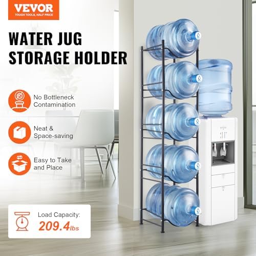 VEVOR 5 Tiers Water Jug Holder, 5 Gallon Water Bottle Holder, Single Row Water Bottle Rack for 5 Bottles, Heavy Duty Water Jug Rack for Kitchen, Office, Living Room, Black